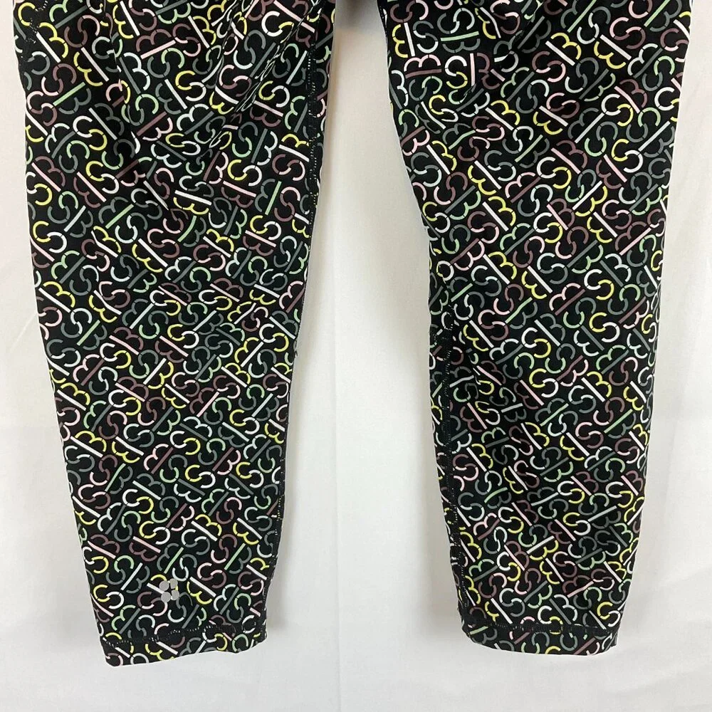 Sweaty Betty Power Crop Leggings 4/6 Black Yellow Green Pink Monogram Print Tech
